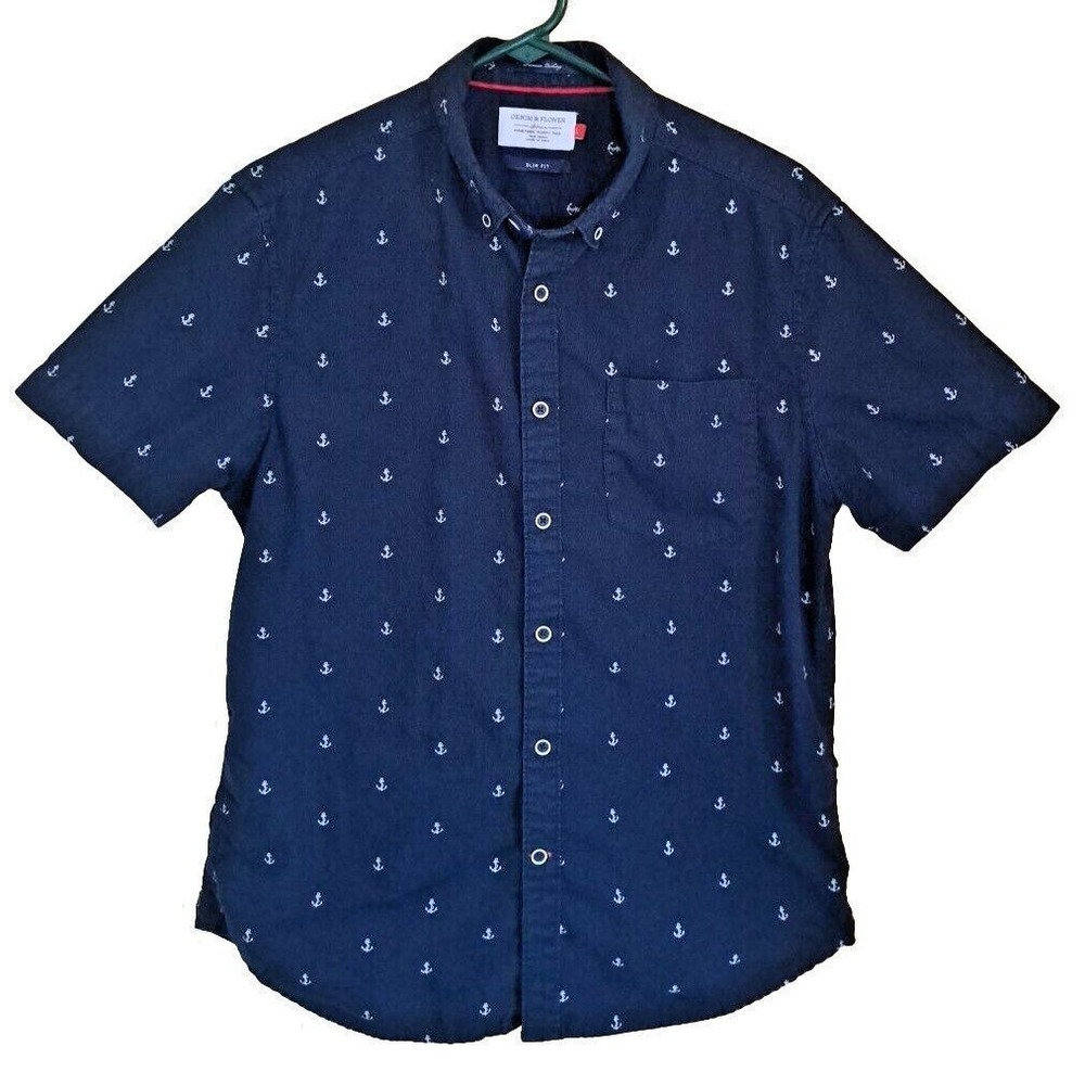Denim & Flower Men Shirt Sz Lg Slim Fit All Over Print Nautical Anchor Navy Blue